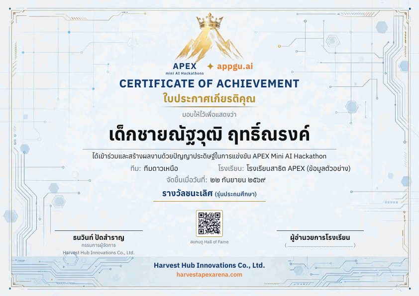 A Thai certificate of achievement for a student, with the APEX Mini AI Hackathon crest, the student's name, team, school, date, award and a QR code to the Hall of Fame.
